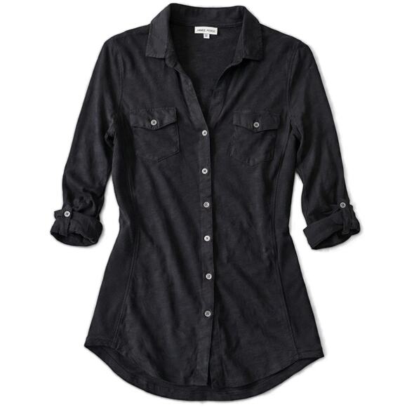 James Perse Tops - James Perse Black Button Front Shirt Stretch Pocket Long Sleeve Size L